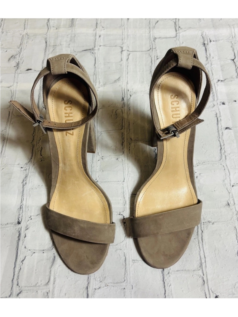 Schutz Enida Block Heel Ankle Strap Shoes Taupe Lightwood Suede Size 8.5B - Picture 3 of 12